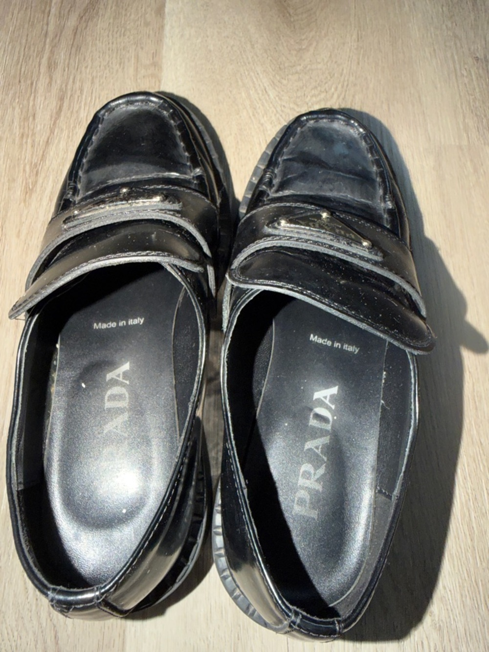Prada Black Leather Penny Loafers with Metal Triangle Logo - Picture 11 of 16